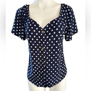 Monteau Los Angeles Top, Navy Polka Dot, sweetheart neck, buttons, Size L